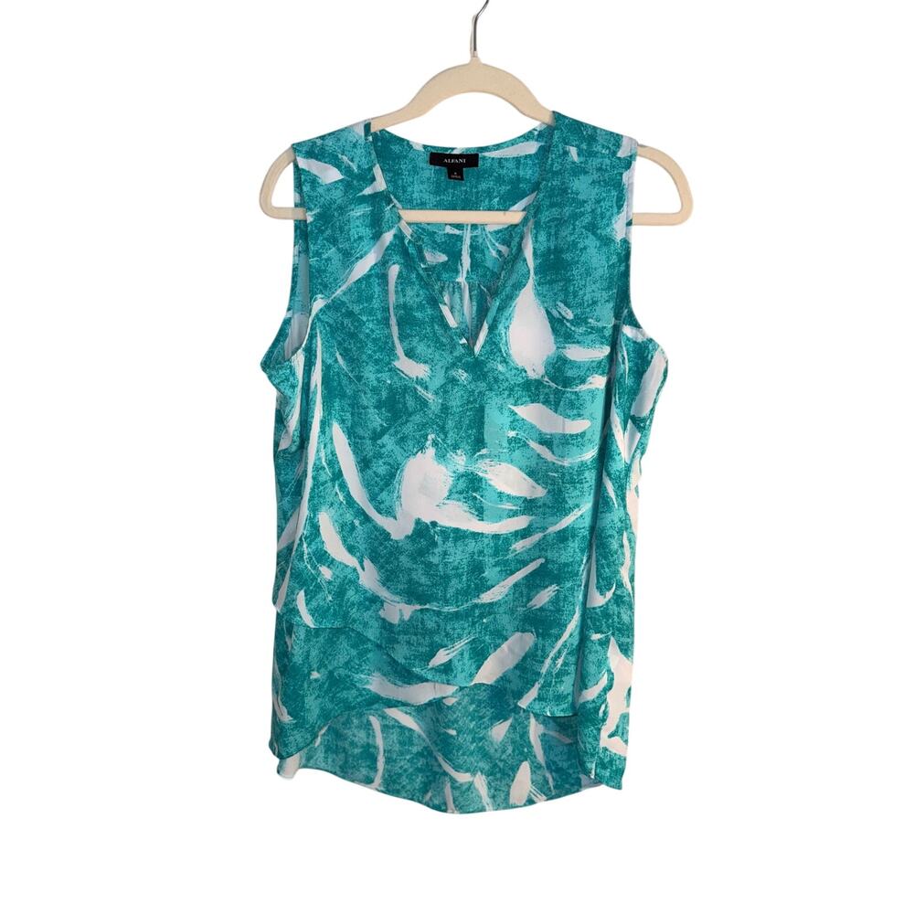 Alfani Women’s M Turquoise White Abstract Print Layered Sleeveless Blouse